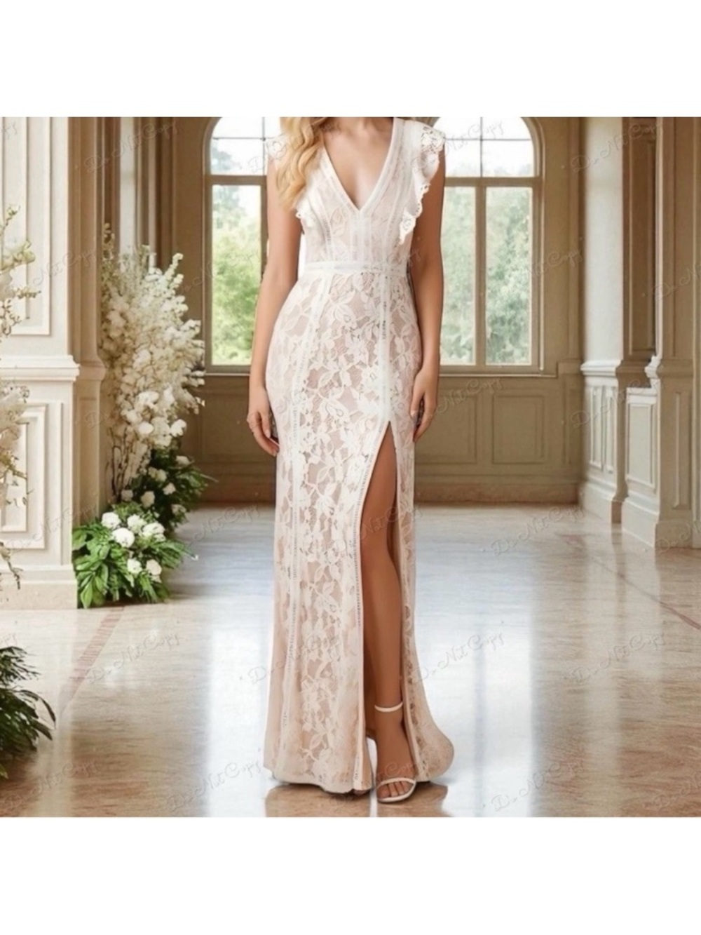 Lulu's Ivory Lace Maxi Dress with V-Neck and Thigh Slit